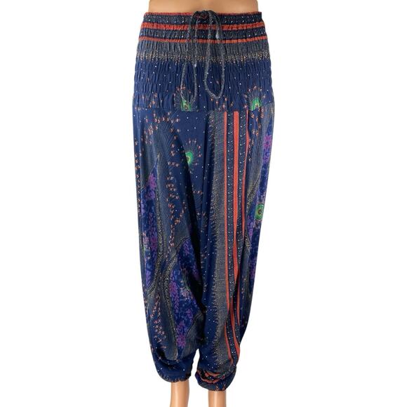 Women's Blue Multicolor Floral Smocked Waist Baggy Trousers Harem Pants One Size - Picture 1 of 5